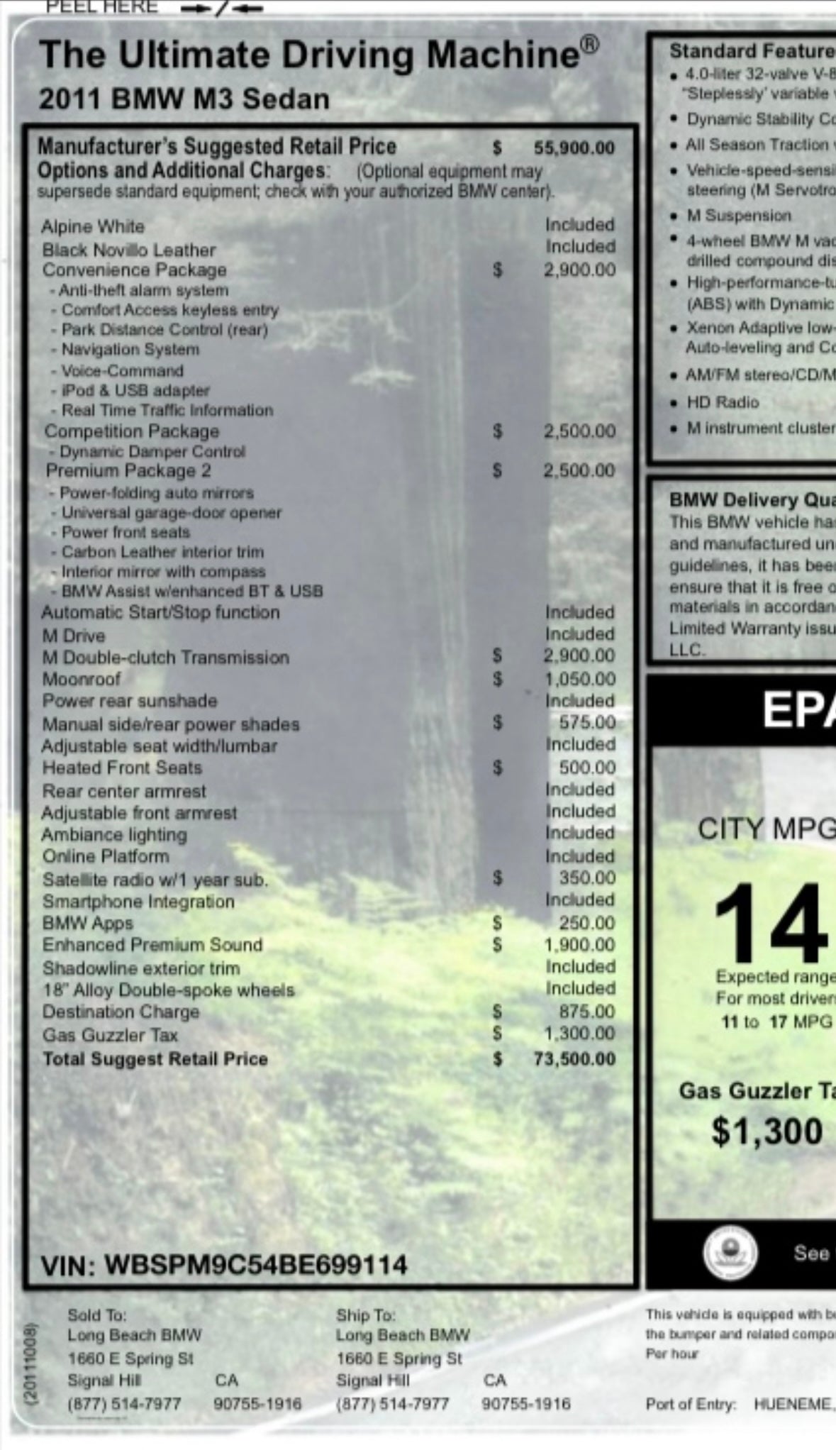 E9x M3 Monroney - (PDF ONLY)