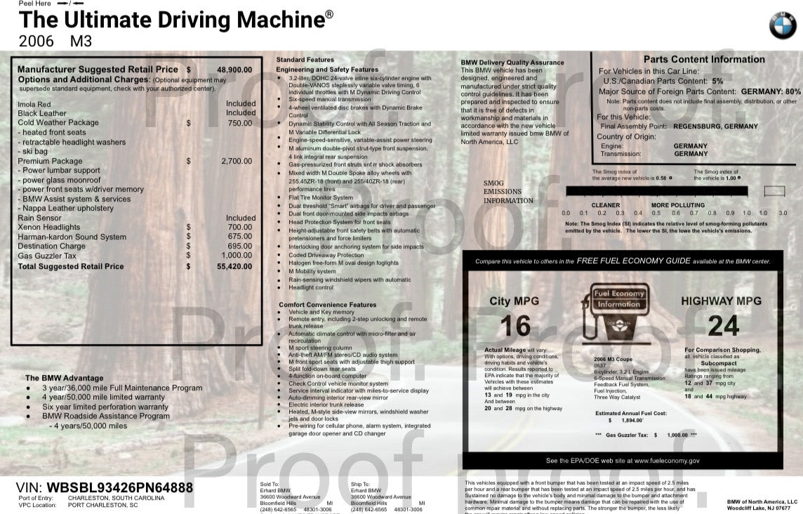 E46 M3 Monroney - (PDF ONLY)