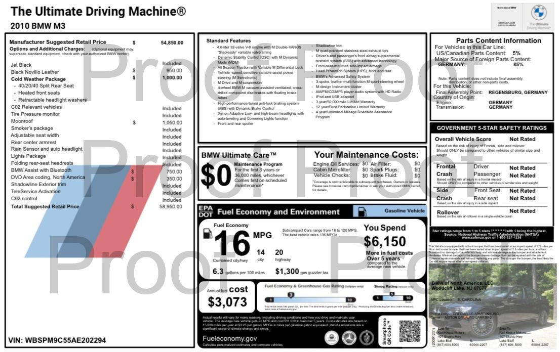 E9x M3 Monroney - (PDF ONLY)